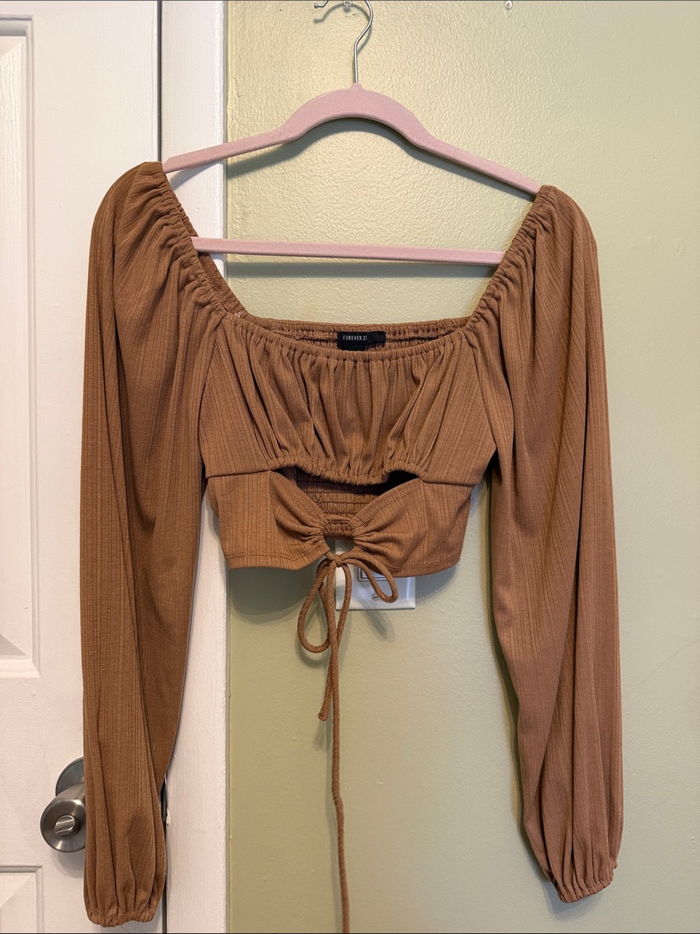 Forever 21 Tan Ribbed Long-Sleeve Tie-Front Crop Top